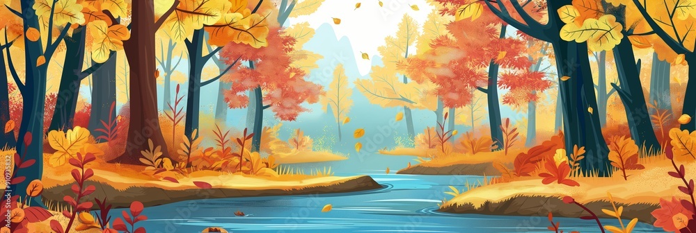 Aufkleber a lively forest scene in autumn, displaying an array of colorful leaves and a serene creek flowing t