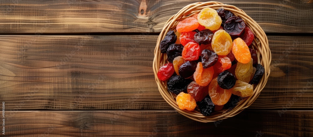 Poster Top down view of a wicker basket filled with assorted dried fruits on a wooden surface allowing for copy space image insertion