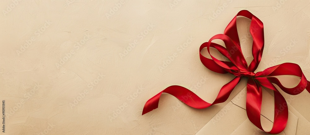 Poster wedding invitation displayed with a red ribbon on brown craft paper against a white background provi