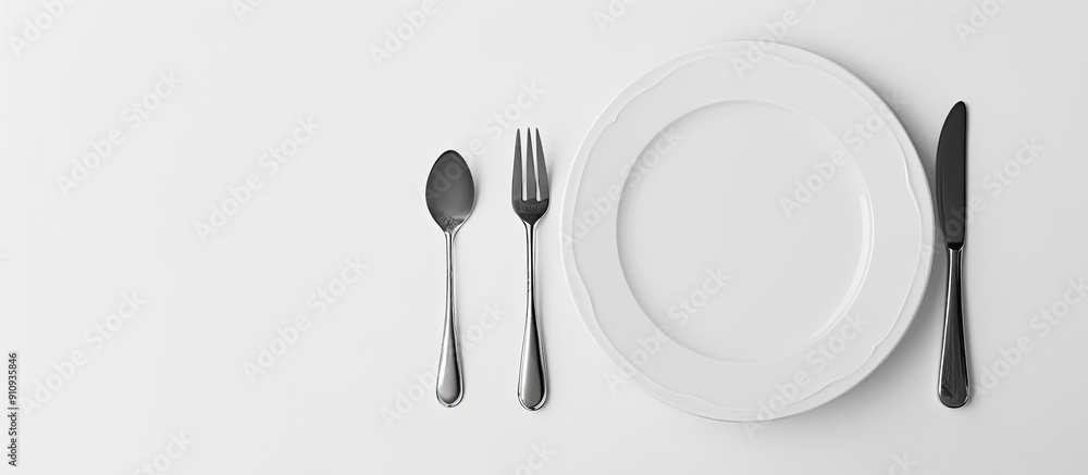 Fototapete A white table with an empty plate and cutlery providing space for additional elements in the image