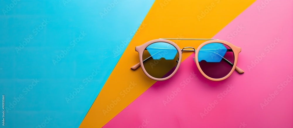 Poster sunglasses displayed on a vibrant backdrop with copy space image