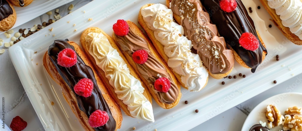 Leinwandbilder top view of eclair cakes displayed on a white plate background with copy space image