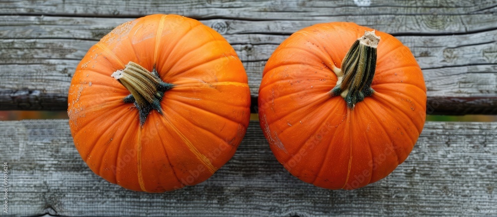 Poster top view of two pumpkins on a wooden surface with a clear focus on the stem area ideal for a copy sp