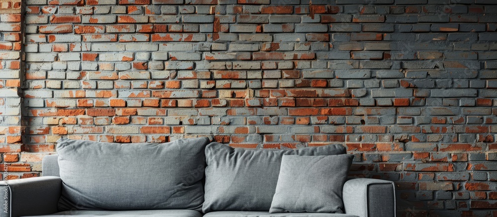 Poster design banner with a grey sofa placed against a brick wall featuring ample copy space image