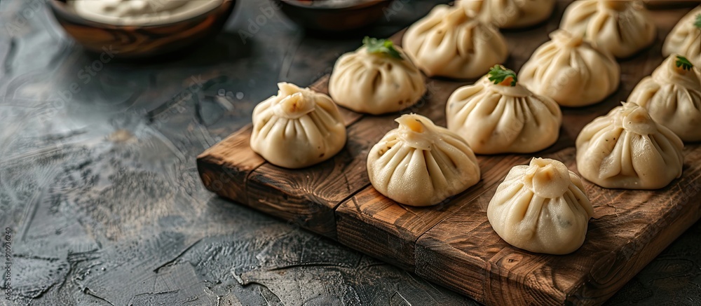 Poster uncooked georgian meat dumplings khinkali on a cutting board with ample copy space image available