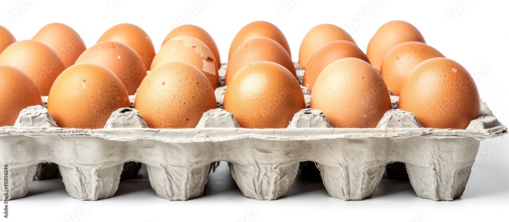 Poster Fresh raw chicken eggs in a brown carton bought from a market are easy to purchase cook and enjoy for good health Isolated on a white background with copy space image