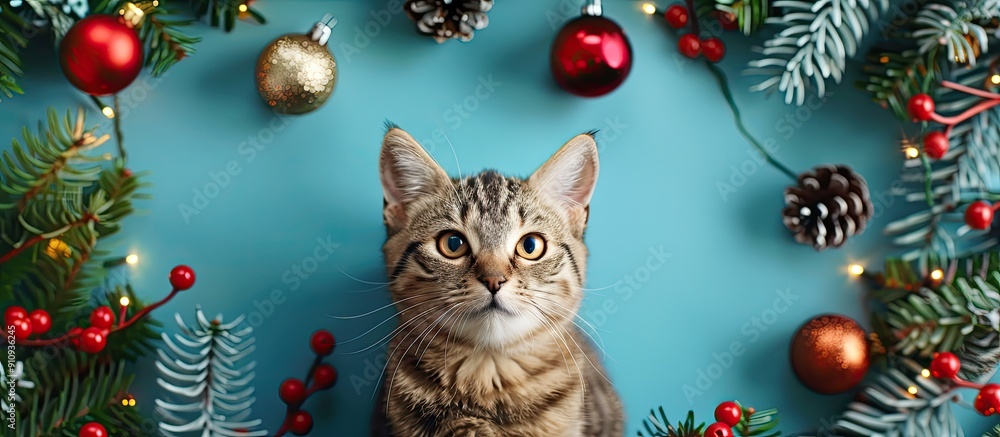 Aufkleber smiling cat surrounded by christmas garland on blue background with copy space image