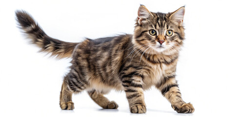 Obraz premium A cute tabby cat with brown and black stripes walking on a white background. The kitten's bright eyes and curious expression make it an adorable subject
