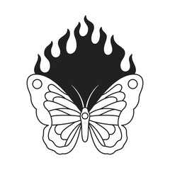 Y2k butterfly with ornamental wings and burning flame black tattoo outline icon vector flat illustration. Beautiful flying summer insect monochrome elegant artwork groovy t shirt print