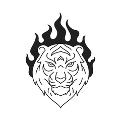 Y2k strong tiger portrait with burning flame black tattoo outline icon vector flat illustration. Wild powerful feline animal carnivorous predator head blaze fire monochrome groovy t shirt print