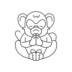 Y2k spiritual monkey in praying position contemporary art black line tattoo icon vector illustration. Religious chimpanzee prayer relax meditation mindfulness comic primate animal t shirt print
