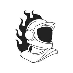 Y2k astronaut helmet spacesuit with burning flame gothic tattoo outline icon vector flat illustration. Cosmonaut galaxy travel universe exploration futuristic science fiction monochrome t shirt print