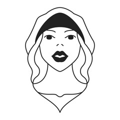 Y2k seductive woman nun portrait contemporary pop art outline icon vector flat illustration. Sensual glamour beautiful young female spiritual holy religious faith character tattoo t shirt print