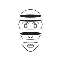 Y2k human head horizontal slice section contemporary pop art outline icon vector flat illustration. Futuristic person portrait chopped face psychedelic cartoon science fiction character t shirt print