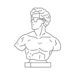 Y2k Greek man bust statue in sunglasses fashion contemporary pop art outline icon vector illustration. Antique Roman god gypsum monument vogue style psychedelic artwork monochrome t shirt print