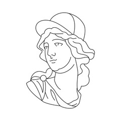 Y2k Greek goddess bust in street style cap contemporary pop art outline icon vector illustration. Antique Roman woman gypsum monument surreal fashion statue in headdress t shirt print