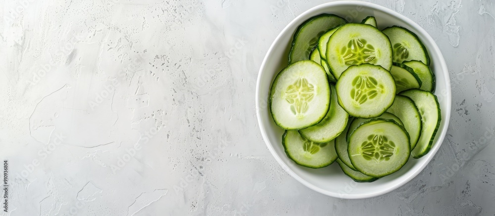 Aufkleber White bowl filled with cucumber slices against a copy space image