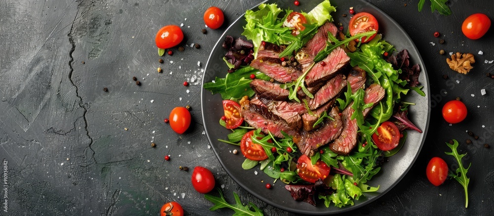 Poster A steak salad with beef organic lettuce and cherry tomatoes was presented on a concrete background with room for text or other elements in the image. Creative banner. Copyspace image