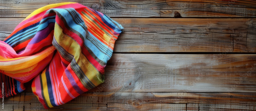 Aufkleber A striped and colorful dish towel on wooden planks with texture and wood grain creating an abstract and structured background for a copy space image
