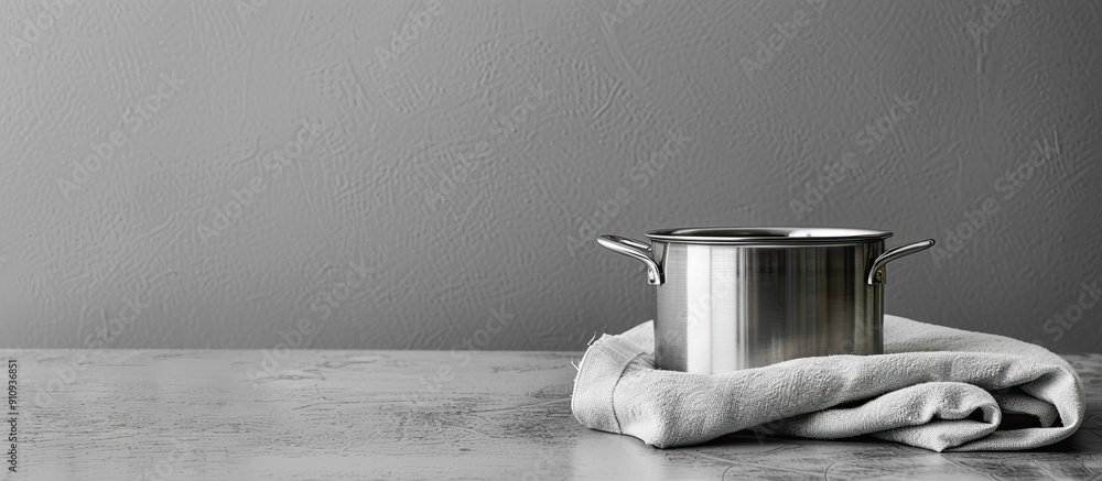 Poster a folded kitchen towel lies next to a pot on a gray table with available copy space image