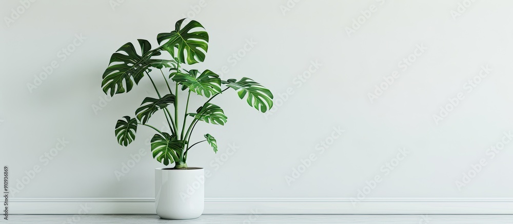 Poster scandinavian style room features a white pot with a lovely monstera flower against an empty white wa