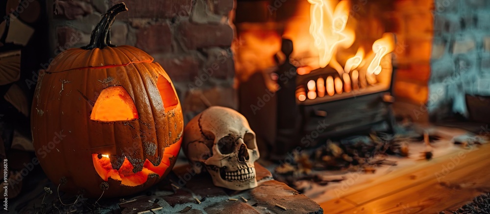 Poster a spooky halloween setting with a pumpkin and skull positioned beside a flickering fireplace creatin