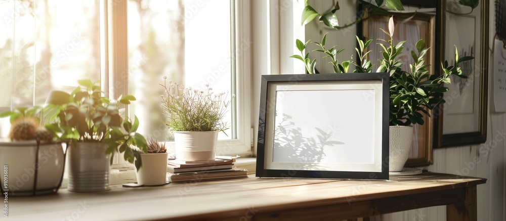 Aufkleber A photo frame on a table in a cozy cottage with copy space for your text or image designed as a mockup by the scene creator