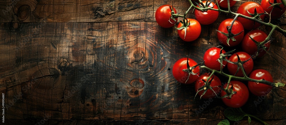 Poster Wooden table displaying fresh red tomatoes incorporating copy space image