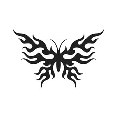 Y2k gothic butterfly burning flame wings black tattoo icon vector flat illustration. Abstract trendy flying summer insect silhouette ethnic aesthetic flammable blazing artwork t shirt print
