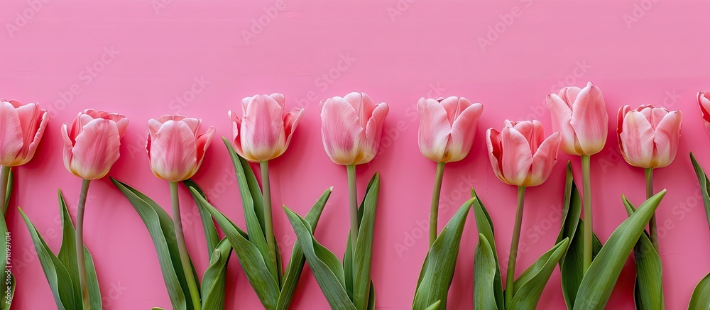 Aufkleber Flat lay of pink tulips on a matching pink background with copy space image