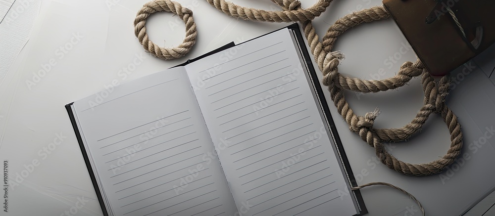 Poster top down view of a white desk with an open diary and ropes providing a clear area for an additional 