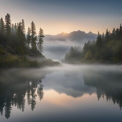 Fototapeta premium Whispers of Morning: Mist on a Tranquil Lake