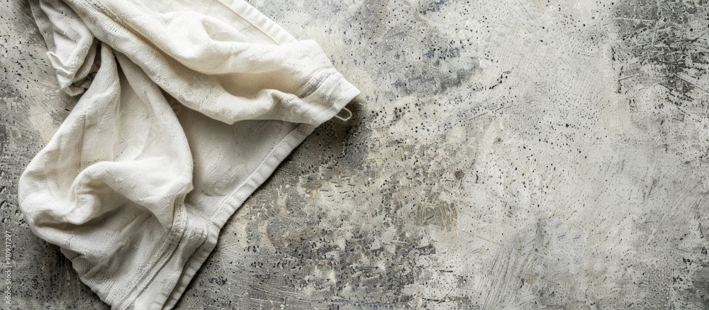 Fototapete A kitchen towel or napkin laid on a textured concrete table shot from above with space for text or image insertion. Creative banner. Copyspace image