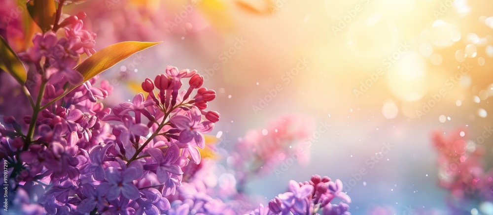 Poster mockup of a spring themed greeting card featuring a lilac branch frame set against a vibrant spring 