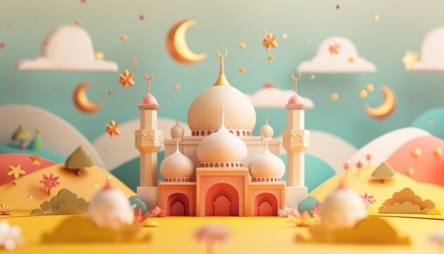 A vibrant cartoon of a beautiful mosque with a crescent moon in the serene background