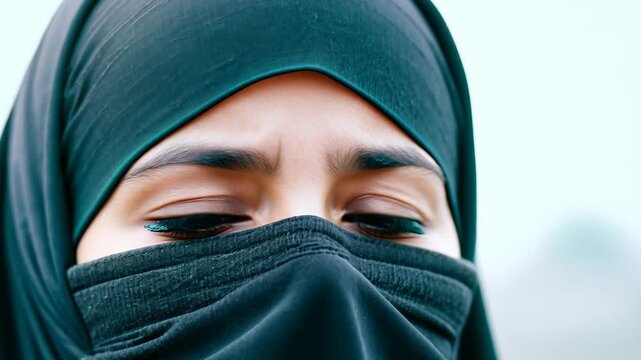 Face of young woman wearing niqab expressing sadness and unhappiness, with furrowed forehead and sorrowful expression.
Concept: religious feelings, Islamic culture