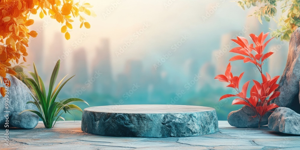 Sticker Stone Platform with Foliage and Blurred Cityscape Background