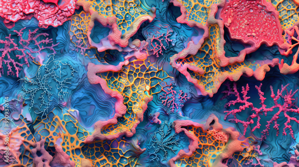 Poster Intricate coral reef structure forming a colorful abstract background with vivid colors