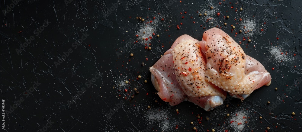 Aufkleber raw chicken leg thigh fillet seasoned for cooking displayed on a black background from above with sp