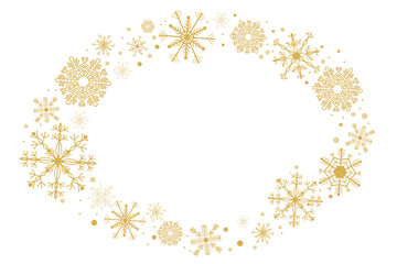 Gold snowflakes round frame winter decoration. Christmas circle or oval ornament border. Design element for Christmas and New Year