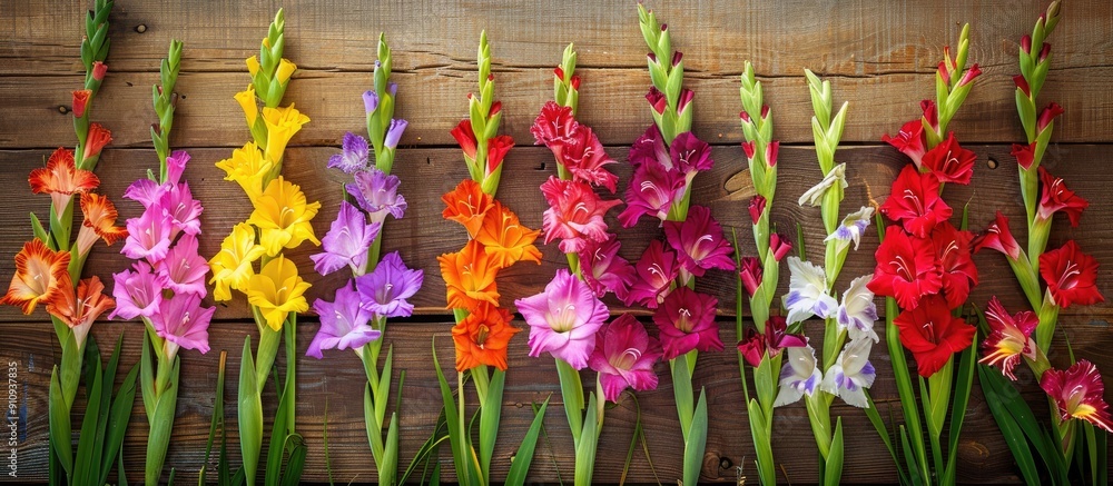 Poster vibrant gladioli arranged on a wooden backdrop with a decorative border above creating a postcard id
