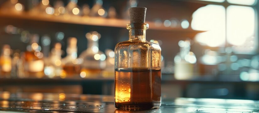 A glass amber bottle in a chemistry lab showcases the selective focus of benzene toluene and xylene essential aromatic hydrocarbons with available copy space image