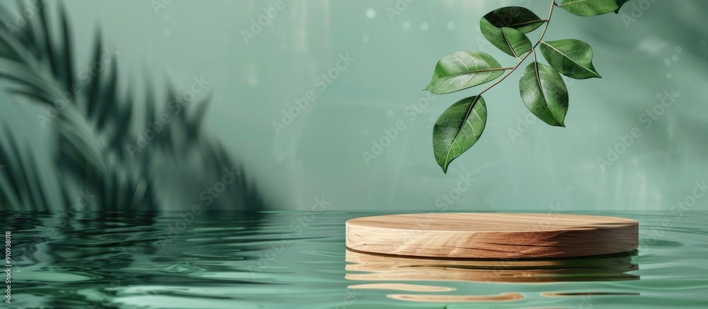 Poster top down view of a product presentation on a wooden podium floating in water against a green backdro