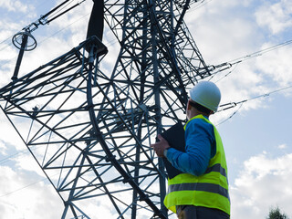 Dedicated energy engineer wearing white helmet and reflective vest, holding tablet, observes an electric tower and wires. This energy engineer works to maintain and manage power infrastructure.