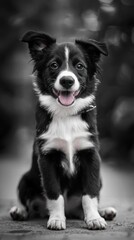 Fototapeta premium Black and white portrait of a happy Border Collie dog Generative AI