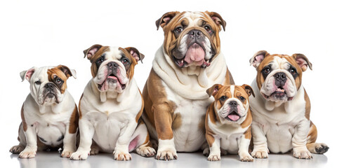 Fototapeta premium A collection of English Bulldogs in various poses, including standing and lying down, isolated on a white background. Their wrinkled faces and stocky bodies are endearing