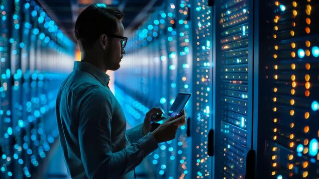 Network Engineer Using Digital AI Tablet in Futuristic Server Room Monitoring Data Cyber Security IT Technician Smart Phone Technology Blue Lighting