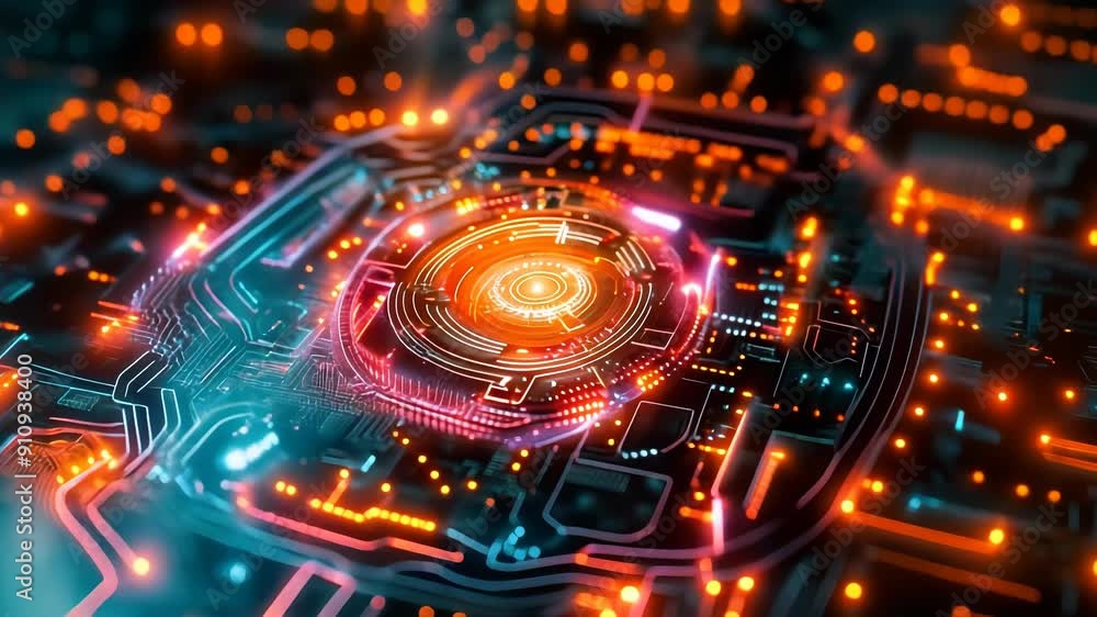 Poster quantum computing animation with neon cpu processor and qubits in futuristic technology environment 