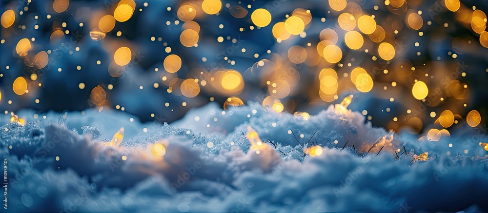 Poster winter postcard for merry christmas and new year featuring yellow bokeh lights and snow with a blank