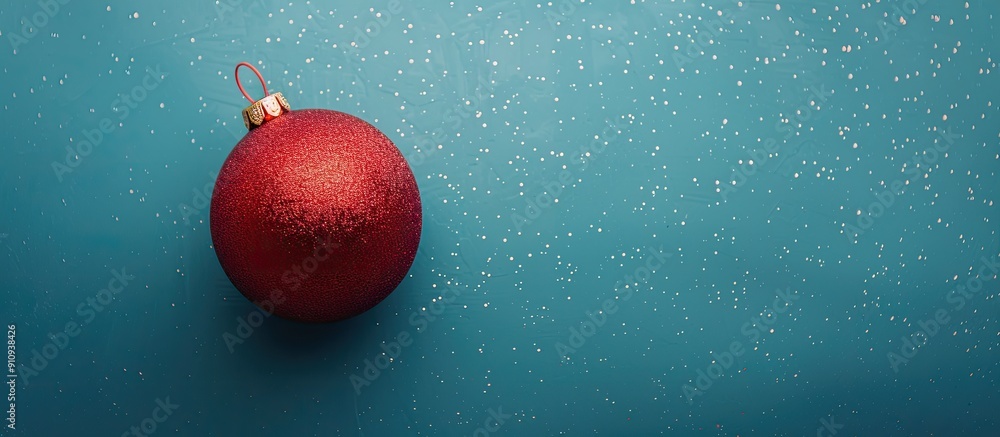 Poster Overhead view of a Christmas ornament on a blue surface with enough empty space for adding images. Creative banner. Copyspace image